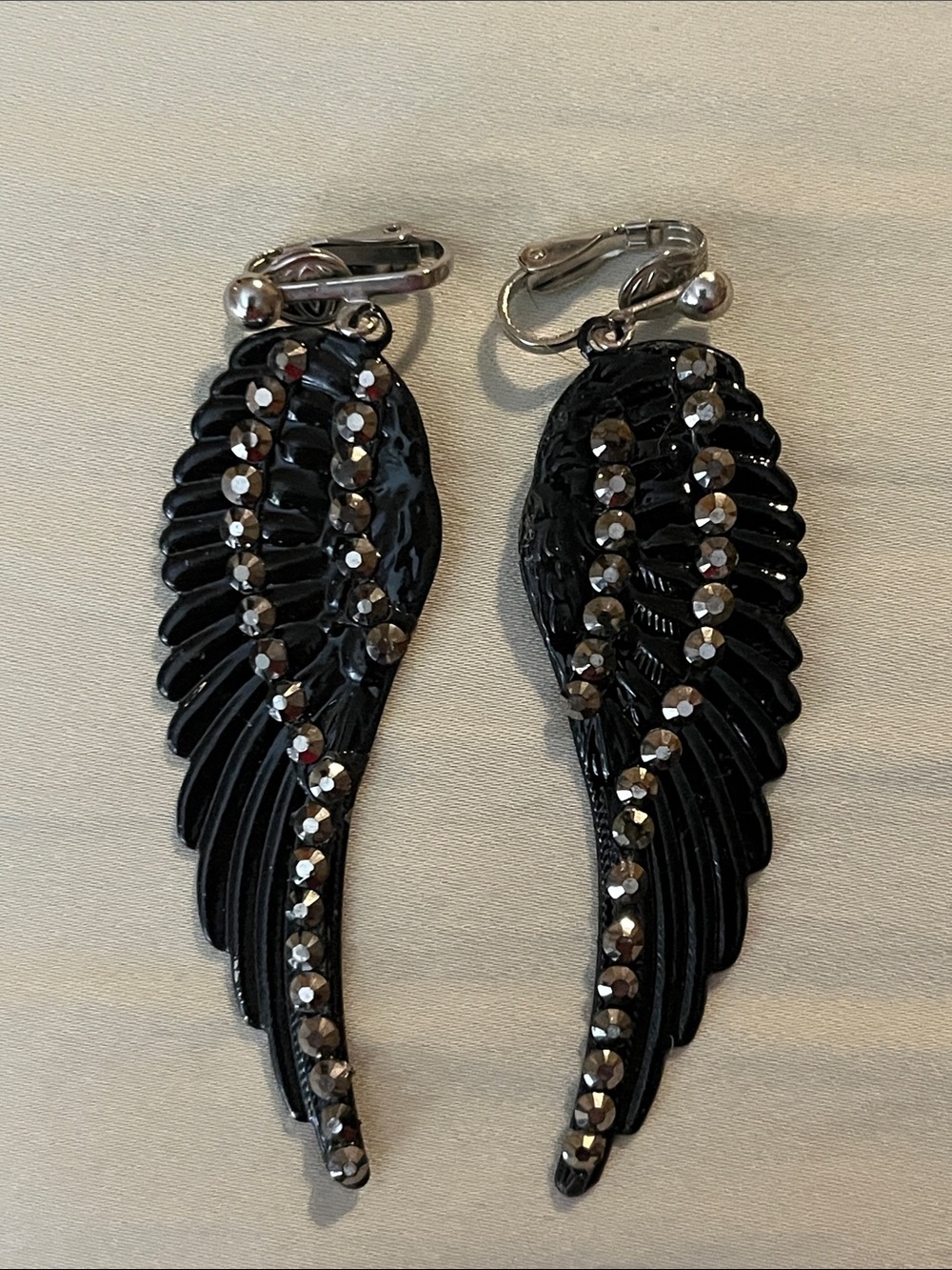 Vintage Black Wing Rhinestone Clip-On Earrings